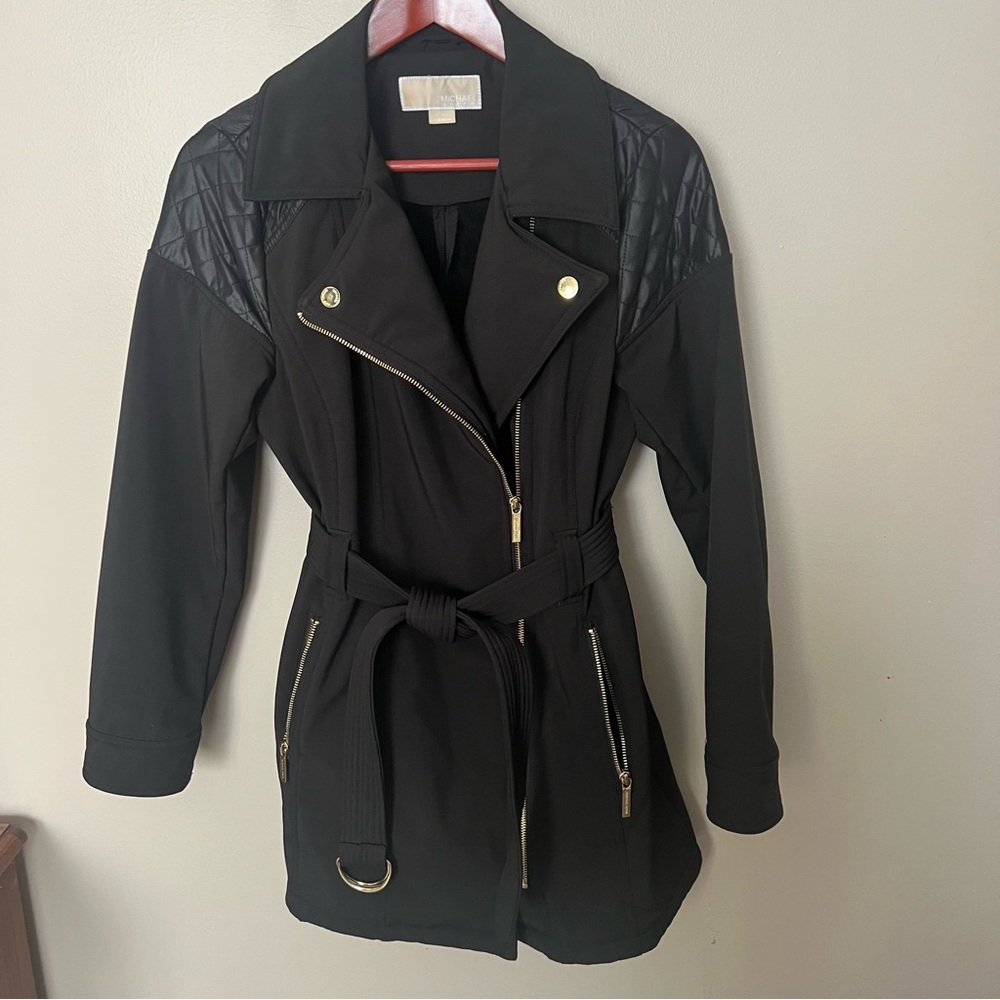 MICHAEL Michael Kors Black lined winter Trench Coat with Gold Accents